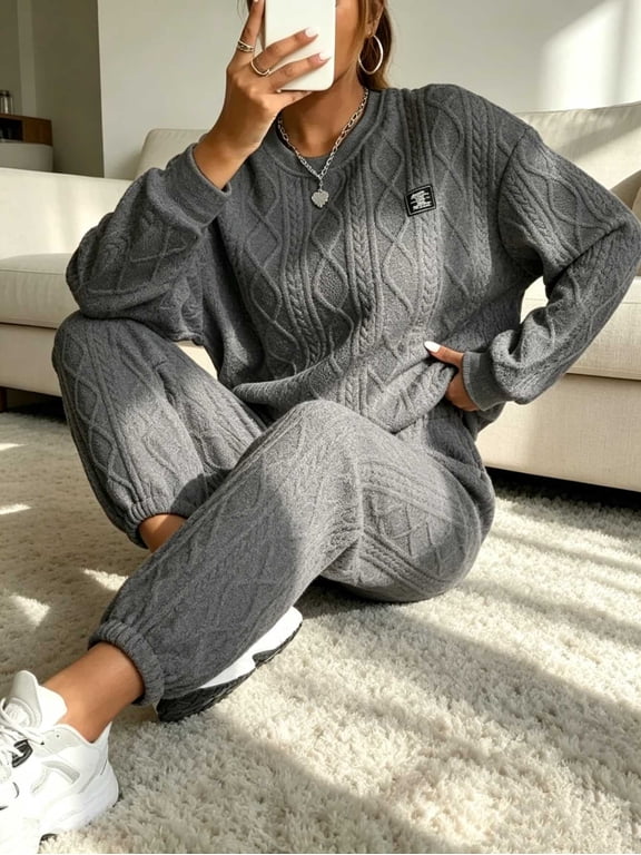 Women's Cable Knit Lounge Set, 2 Piece Sweater Pants Outfit, Comfy Travel Airport Outfit