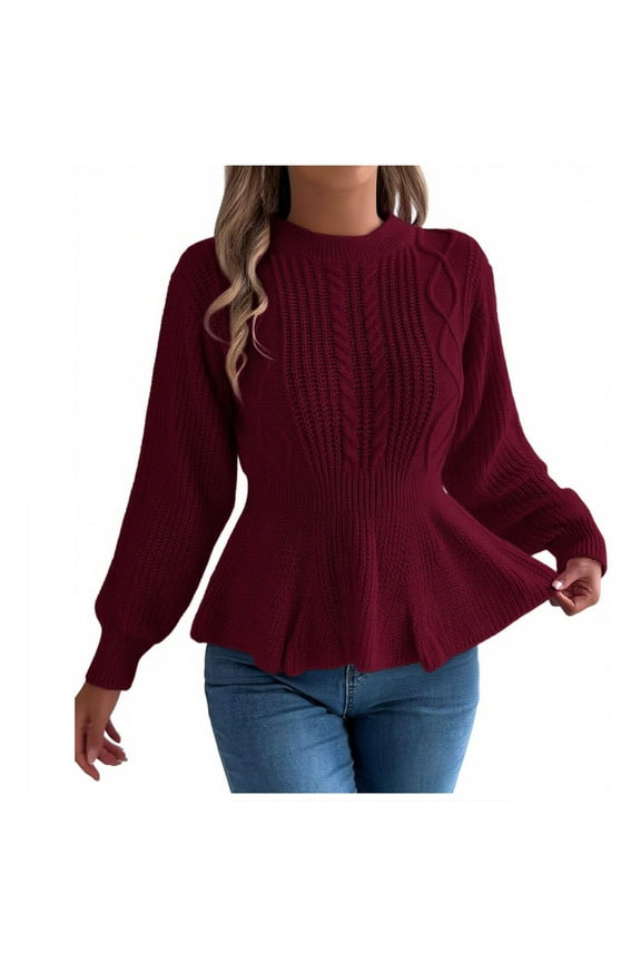 Women's Cable Knit Peplum Sweater Crewneck Long Sleeve Pullover with Ruffle Hem Slim Fit Feminine Top for Fall Winter Fashion