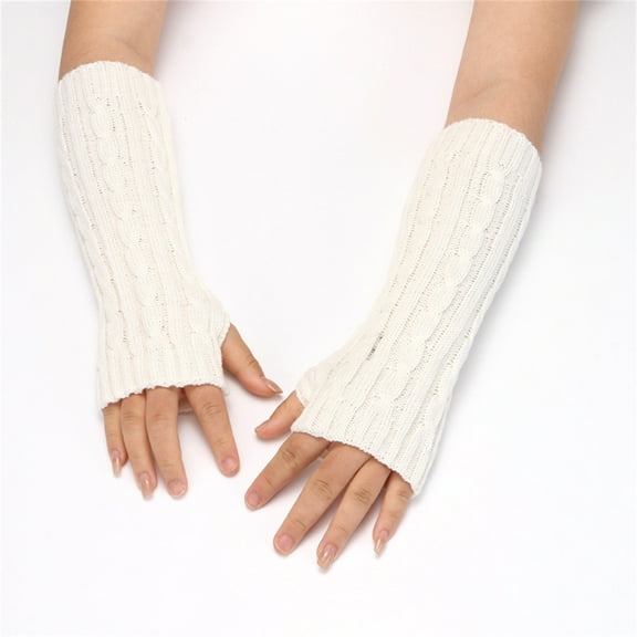 Women's Cable Knit Plush Lined Arm Warmers, Windproof Thermal Sleeve Covers with Thumb Hole, Thickened Mitten Style Hand Warmers, Soft Fleece Lined Wrist Warmers for Cold Weather White