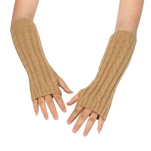 Women's Cable Knit Plush Lined Arm Warmers, Windproof Thermal Sleeve Covers with Thumb Hole, Thickened Mitten Style Hand Warmers, Soft Fleece Lined Wrist Warmers for Cold Weather Khaki