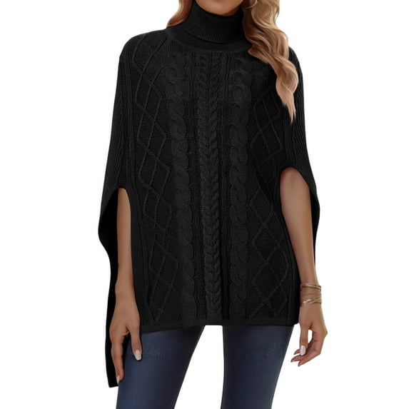 Women's Cable Knit Poncho Sweater Turtleneck Chunky Shawl Collar Tops(Black, L)