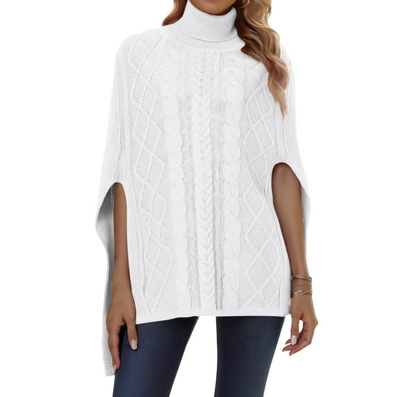 Women's Cable Knit Poncho Sweater Turtleneck Chunky Shawl Collar Tops(White, L)