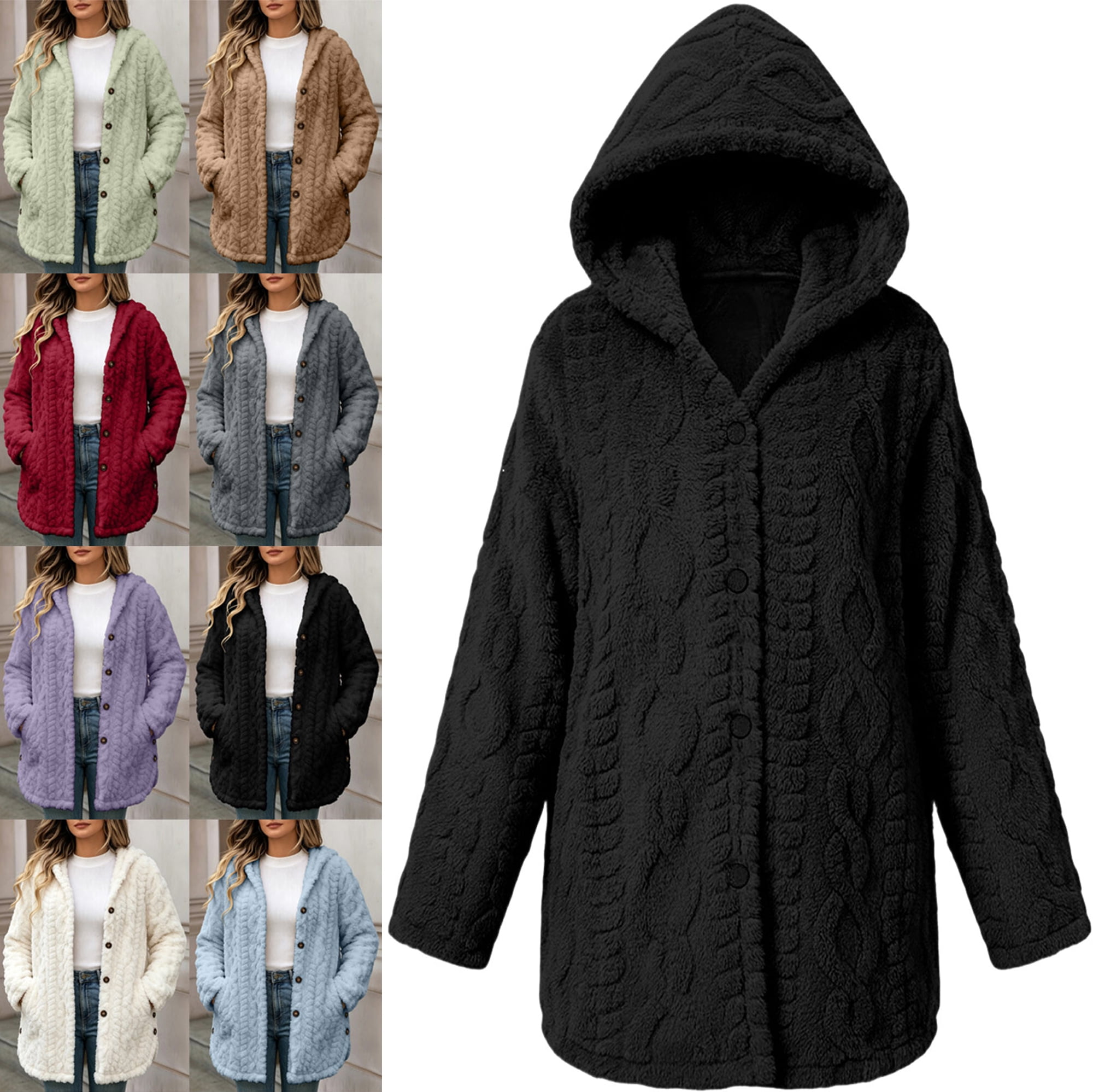 Women's Cable Knit Sherpa Fleece Coat - Hooded Button Front Mid-Length ...