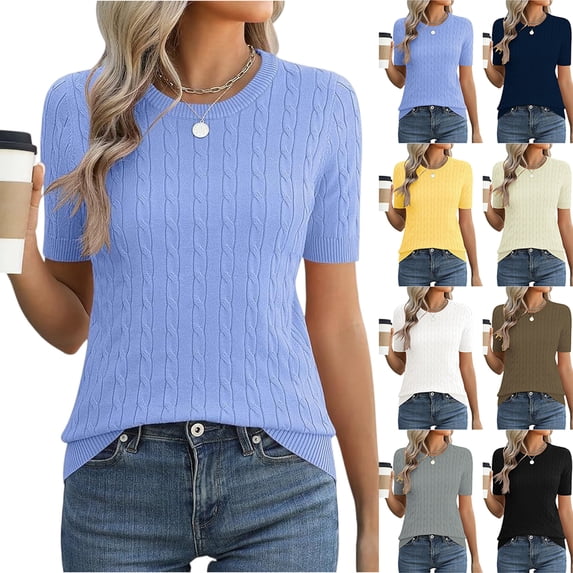 Women's Cable Knit Short Sleeve Sweater Tops Round Neck Lightweight Casual Outfit Spring Summer Office Streetwear Vacation White M