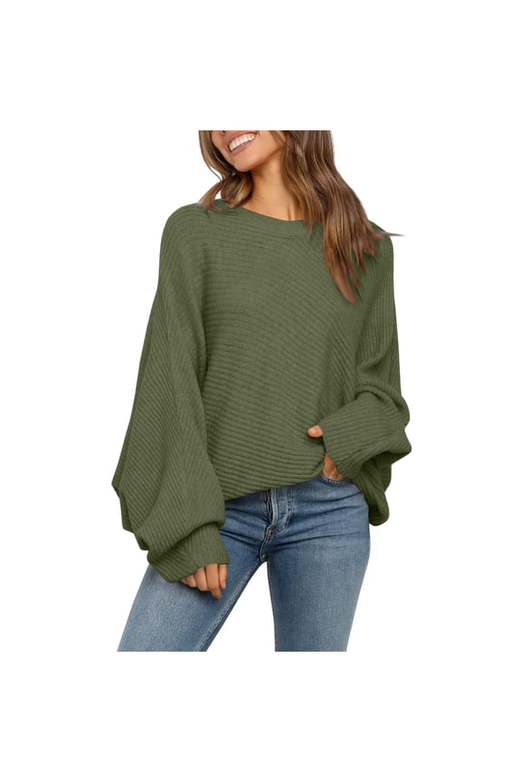 Women's Cable Knit Sweater Batwing Sleeve Oversized Slouchy Pullover (Green, S)