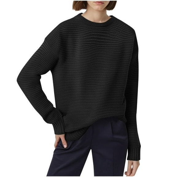 Women's Cable Knit Sweater Crew Neck Long Sleeve Ribbed Pullover Top for Fall & Winter Black S