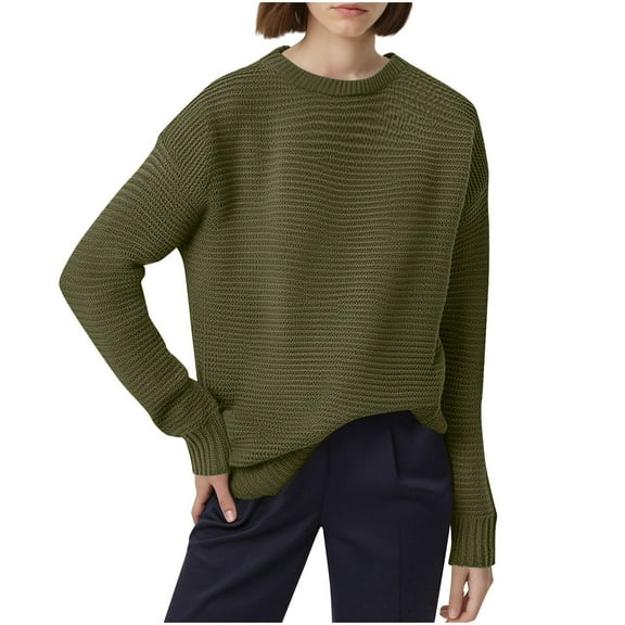 Women's Cable Knit Sweater Crew Neck Long Sleeve Ribbed Pullover Top for Fall & Winter Olive Green S