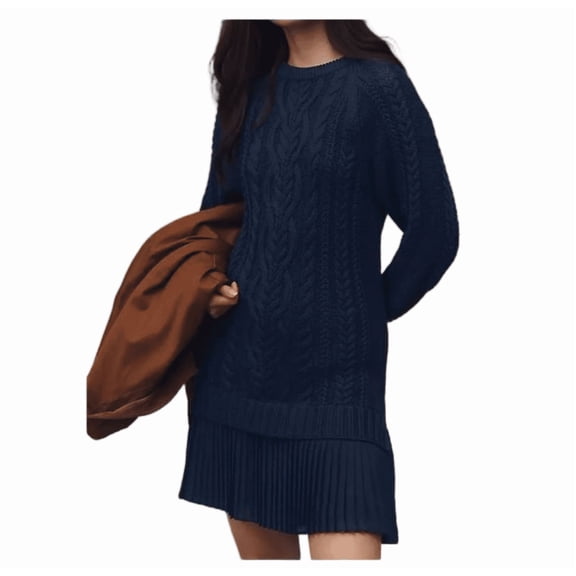 Women's Cable Knit Sweater Dress Causal Crew Neck Long Sleeve Patchwork Pleated Mini Knit Pullovers
