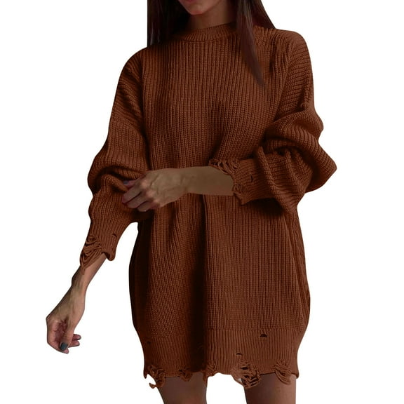 Women's Cable Knit Sweater Dress Crewneck Oversized Pullover Tunic (Coffee, M)