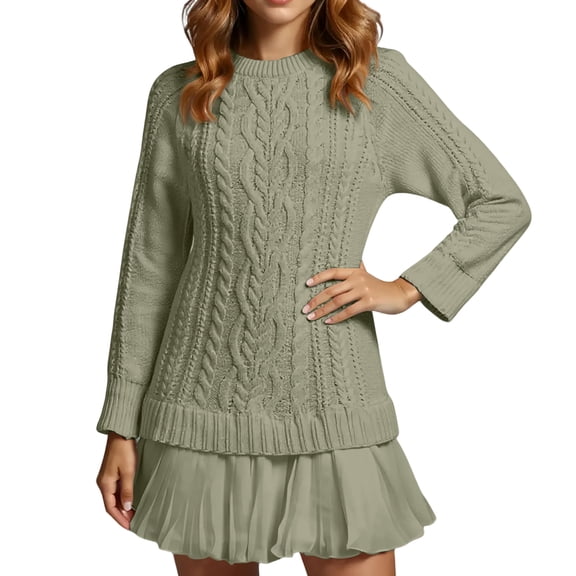 Women's Cable Knit Sweater Dress - Elegant Pleated Skirt Patchwork Crewneck Long Sleeve One Piece Mini Dresses