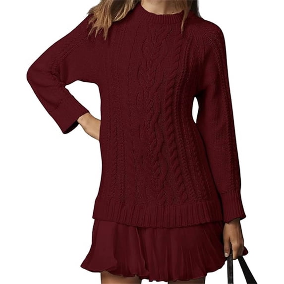 Women's Cable Knit Sweater Dress - Mini Dress with Crewneck Long Sleeve