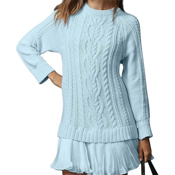 Women's Cable Knit Sweater Dress - Mini Dress with Crewneck Long Sleeve
