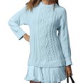 thumbnail image 1 of Women's Cable Knit Sweater Dress - Pleated Patchwork Mini Dress with Crewneck Long Sleeve, 1 of 7