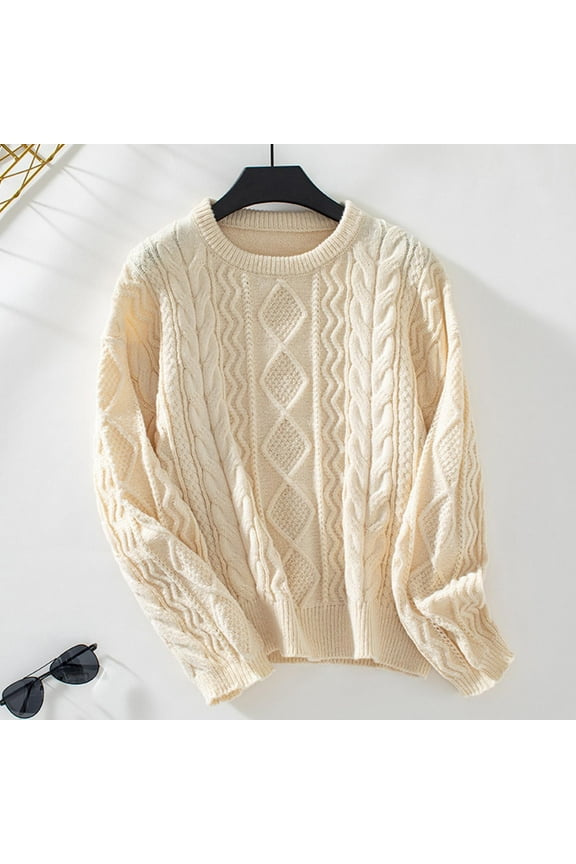 Women's Cable Knit Sweater Oversized Casual Sweaters Crewneck Long Sleeve Fall Chunky Pullover Sweater Basic Classic Cozy Sweater Tops, Beige (Large)