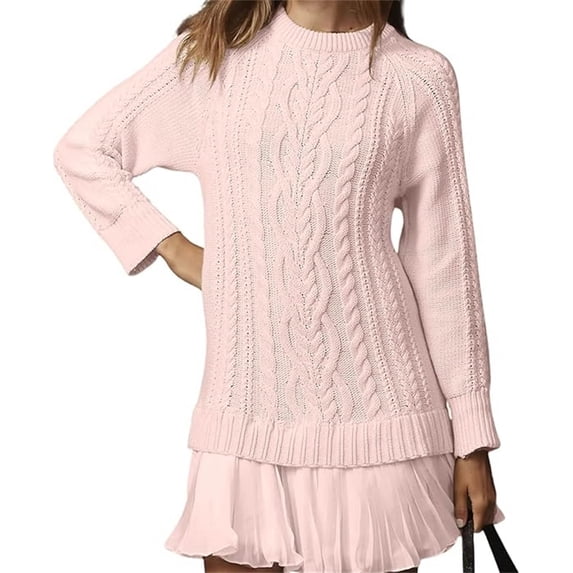 Women's Cable Knit Sweater Dress - Mini Dress with Crewneck Long Sleeve