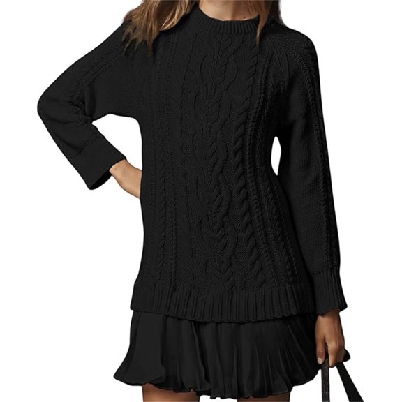 Women's Cable Knit Sweater Dress - Mini Dress with Crewneck Long Sleeve