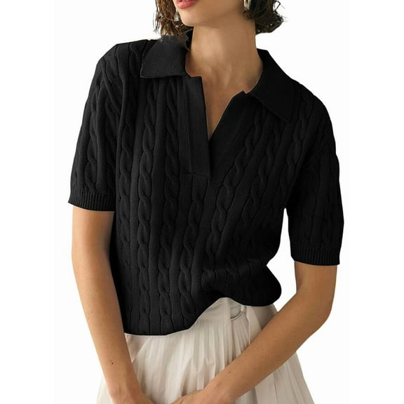 Women's Cable Knit Sweater Short Sleeve V Neck Soft Casual Pullover Top Solid Color Black L