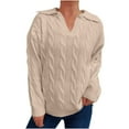 thumbnail image 1 of Women's Cable Knit Sweater V-Neck Collared Long Sleeve Pullover Top for Fall & Winter Khaki S, 1 of 5
