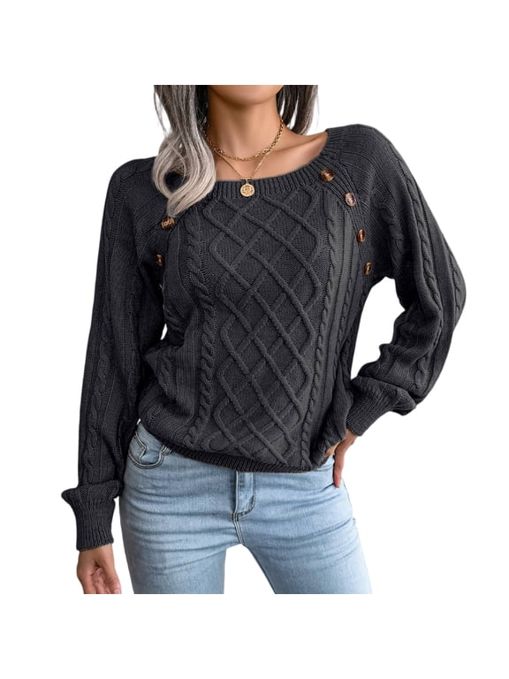 Women's Cable Knit Sweater, Womens Fall Sweaters, Crew Neck Long Sleeve Button Detail Casual Pullover