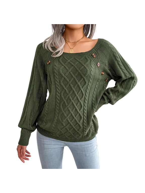Women's Cable Knit Sweater, Womens Fall Sweaters, Crew Neck Long Sleeve Button Detail Casual Pullover