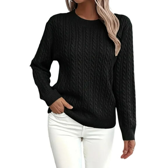 Women's Cable Knit Sweaters Crewneck Lightweight Long Sleeve Pullover Sweater