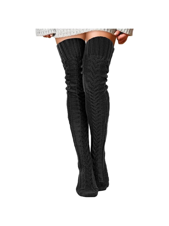 Women's Cable Knit Thigh High Socks, Extra Long Over The Knee Boot Socks for Winter, Soft Warm Stackable Knit Socks, Cozy Leg Warmers for Boots and Skirts, Stretchy Ribbed Top Stockings - Black