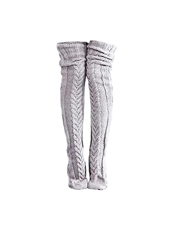 Women's Cable Knit Thigh High Socks, Extra Long Over The Knee Boot Socks for Winter, Soft Warm Stackable Knit Socks, Cozy Leg Warmers for Boots and Skirts, Stretchy Ribbed Top Stockings - Grey