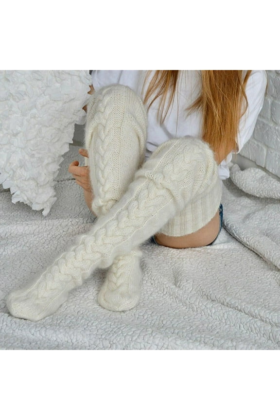 Women's Cable Knit Thigh High Socks, Extra Long Over The Knee Boot Socks for Winter, Soft Warm Stackable Knit Socks, Cozy Leg Warmers for Boots and Skirts, Stretchy Ribbed Top Stockings - White