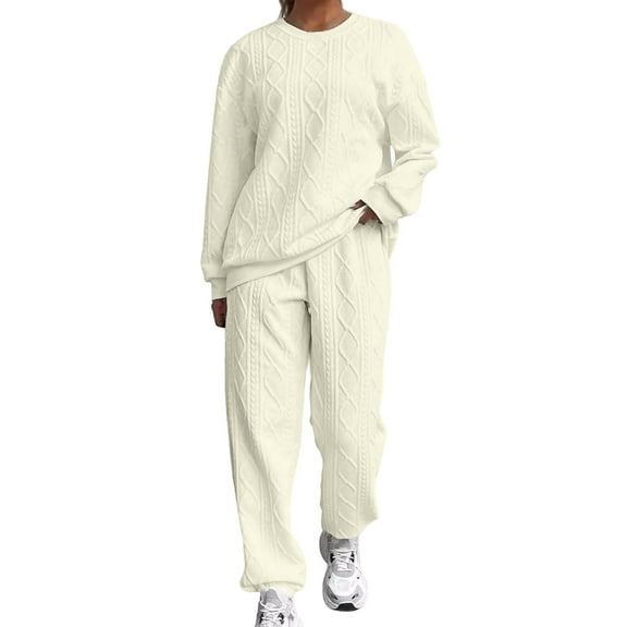 Women's Cable Knit Tracksuits Long Sleeve Crewneck Pullover sweatshirts Sweatpants Fall Outfits Clothes Piece Jogging Sets (XL, Beige)