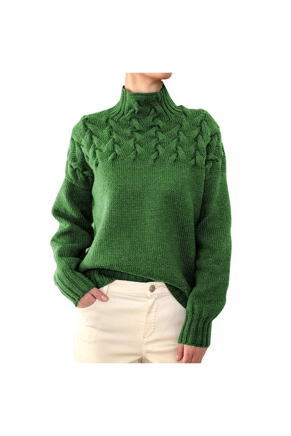 Women's Cable Knit Turtleneck Sweater Chunky Long Sleeve Winter Pullover (Green, L)