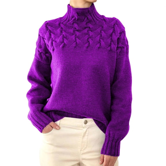 Women's Cable Knit Turtleneck Sweater Chunky Long Sleeve Winter Pullover (Purple, 4XL)