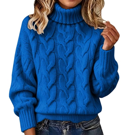 Women's Cable Knit Turtleneck Sweater, Long Sleeve Chunky Ribbed Pullover Pullover for Casual Daily Wear & Dating, Royal Blue, L