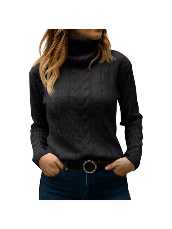 Women's Cable Knit Turtleneck Sweater, Womens Fall Sweaters, Long Sleeve Casual Pullover Top