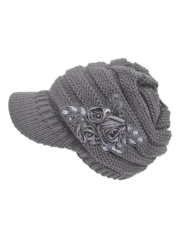 Women's Cable Knit Visor Hat With Flower Accent