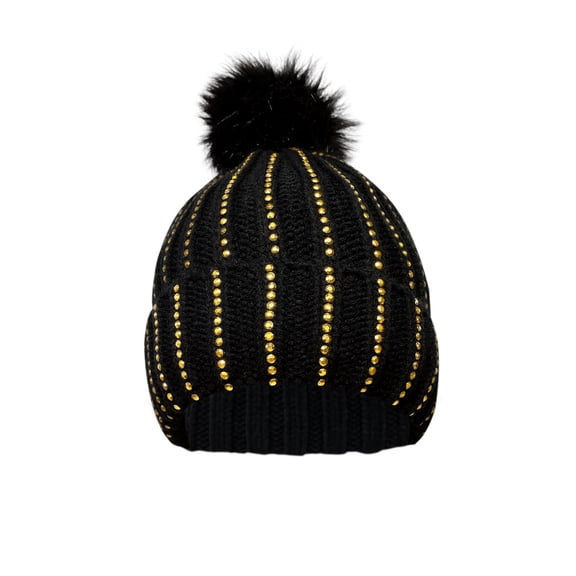 Women's Cable Knit Winter Warm Pom-Pom Knit Beanies with Rhinestone Accent Design, Black / Gold