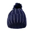 thumbnail image 1 of Women's Cable Knit Winter Warm Pom-Pom Knit Beanies with Rhinestone Accent Design, Navy / Silver, 1 of 3
