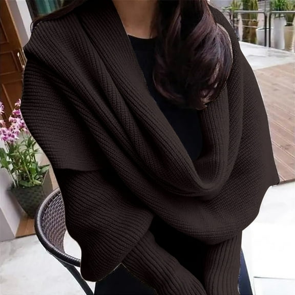 Women's Cable Knit Wrap Sweater, 3-in-1 Knitted Scarf with Sleeves, Open Front Cardigan Shawl, Boho Style Cropped Wrap, Loose Fit Knitted Poncho for Women - Coffee