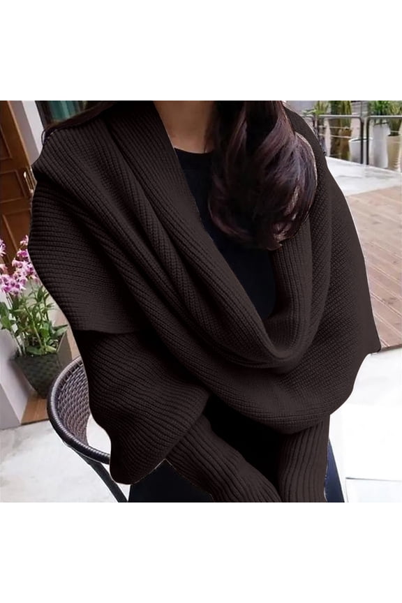 Women's Cable Knit Wrap Sweater, 3-in-1 Knitted Scarf with Sleeves, Open Front Cardigan Shawl, Boho Style Cropped Wrap, Loose Fit Knitted Poncho for Women - Coffee