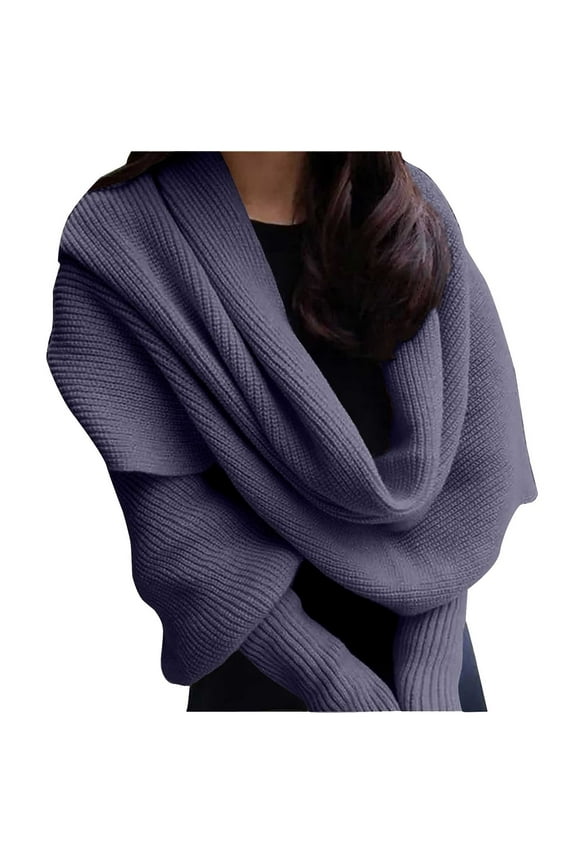 Women's Cable Knit Wrap Sweater, 3-in-1 Knitted Scarf with Sleeves, Open Front Cardigan Shawl, Boho Style Cropped Wrap, Loose Fit Knitted Poncho for Women - Navy