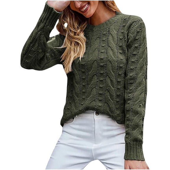 Women's Cable Knitted Sweater Pullover Dressy Casual Crewneck Jumper Tops Long Sleeve Slim Fit Tunic Tops Plain Knitwear