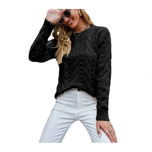 Women's Cable Knitted Sweater Pullover Dressy Casual Crewneck Jumper Tops Long Sleeve Slim Fit Tunic Tops Plain Knitwear