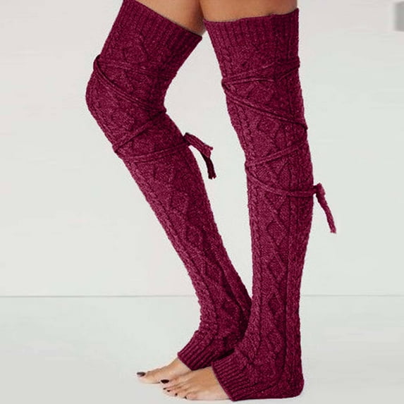 Women's Cable Knitted Thigh High Socks Extra Long Boot Socks Over Knee Leg Warmers Soft Winter Knit Stockings(Wine)