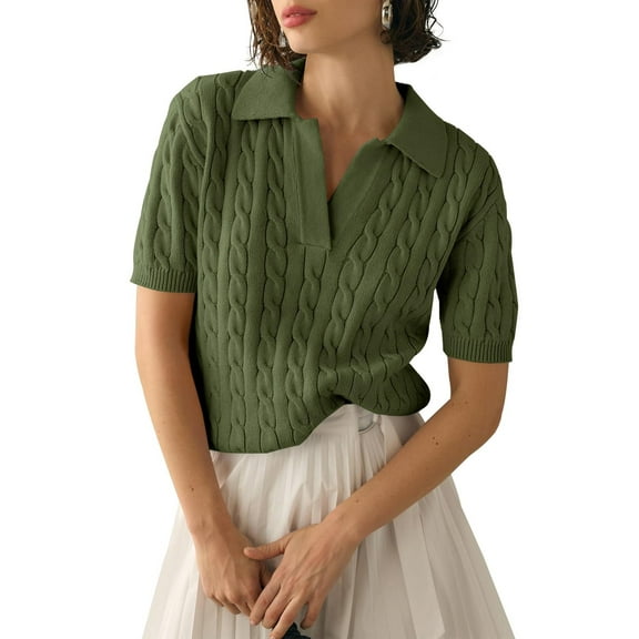 Short Sleeved Women Solid Color Lapel V Neck Casual Knit Cable Pullver Sweater