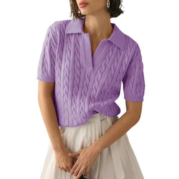 Short Sleeved Women Solid Color Lapel V Neck Casual Knit Cable Pullver Sweater