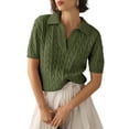 thumbnail image 1 of Short Sleeved Women Solid Color Lapel V Neck Casual Knit Cable Pullver Sweater, 1 of 4