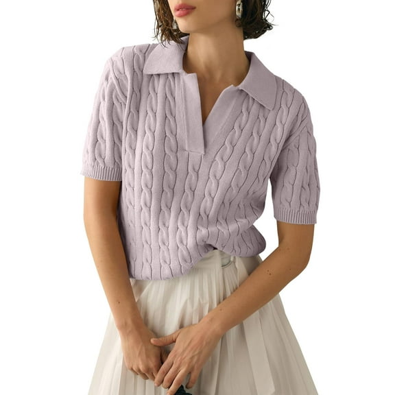 Short Sleeved Women Solid Color Lapel V Neck Casual Knit Cable Pullver Sweater