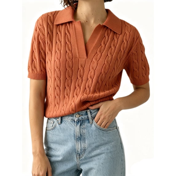 Short Sleeved Women Solid Color Lapel V Neck Casual Knit Cable Pullver Sweater