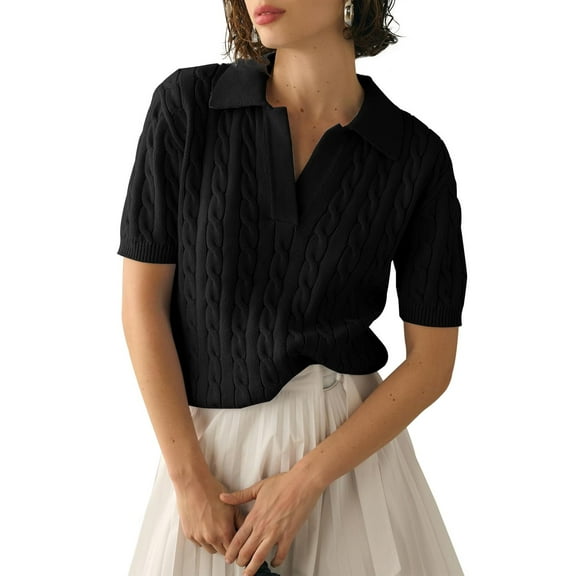 Short Sleeved Women Solid Color Lapel V Neck Casual Knit Cable Pullver Sweater