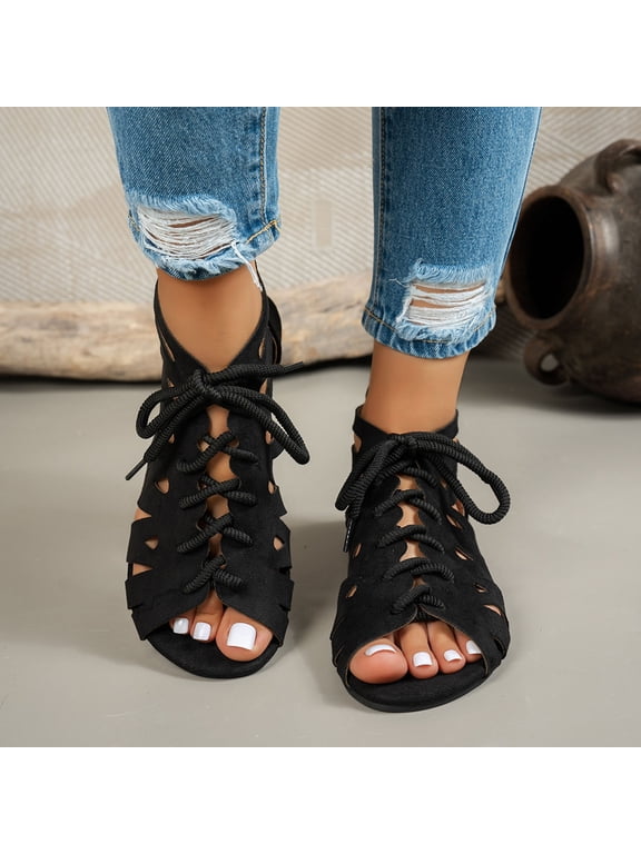 Women's Caged Gladiator Sandals Suede Open Toe Lace up Flat Shoes with Back Zipper Lightweight Beach Shoes Black Size 9