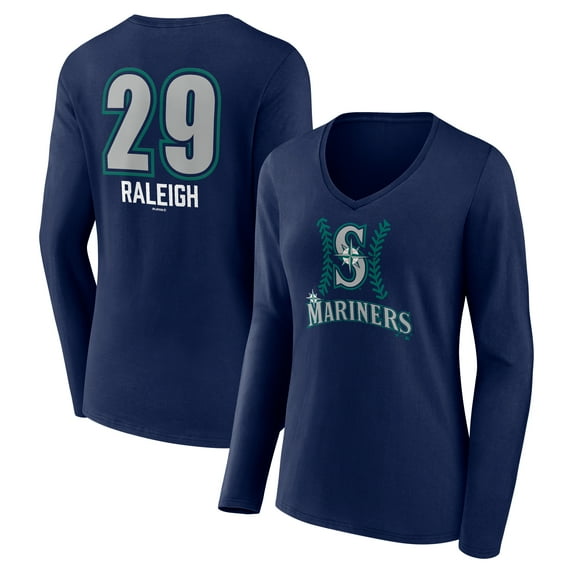 Women's Cal Raleigh Navy Seattle Mariners Name & Number Fastball V-Neck Long Sleeve T-Shirt